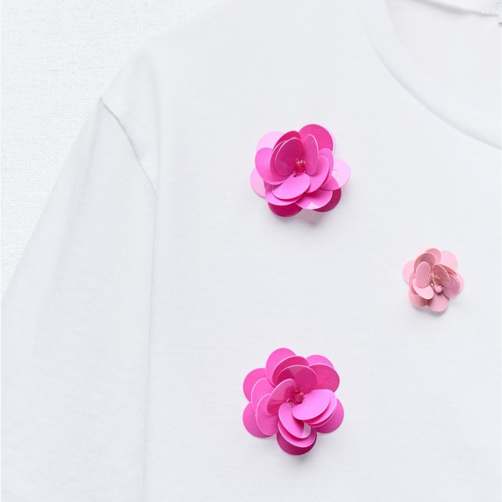 Zara White Tee with Pink Floral Details - Picture 5 of 12